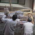 Wooden armature for Rama figure being built, National Museum, Auckland
